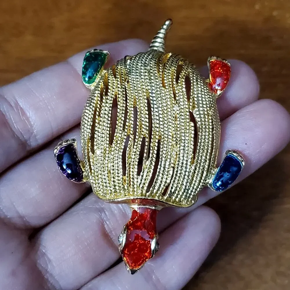 Turtle Brooch Enamel Openwork Gold Tone Reptile Figural Vtg Unsigned 2.25